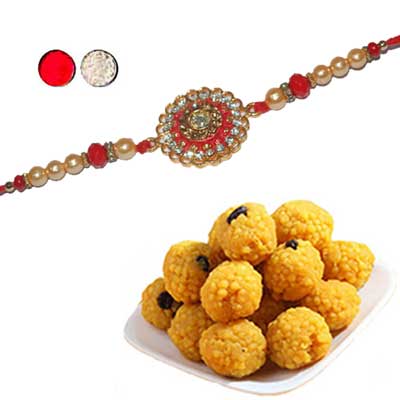 "Zardosi Rakhi - ZR- 5520 A A (Single Rakhi), 500gms of Laddu - Click here to View more details about this Product